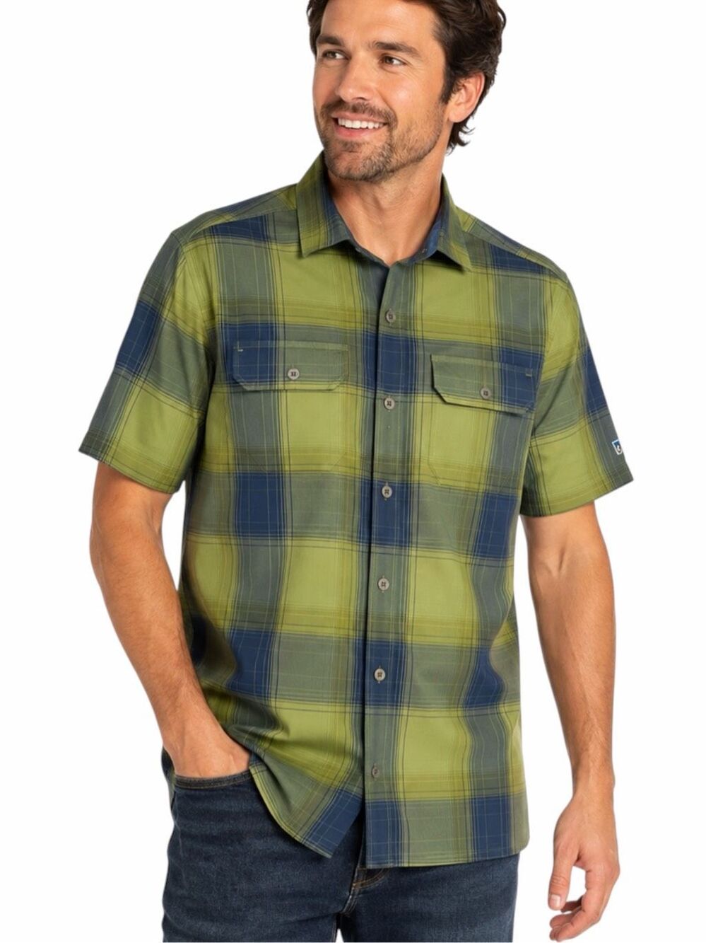 KÜHL Response Short Sleeve Men’s Green Blue Plaid Performance Button-Up Medium